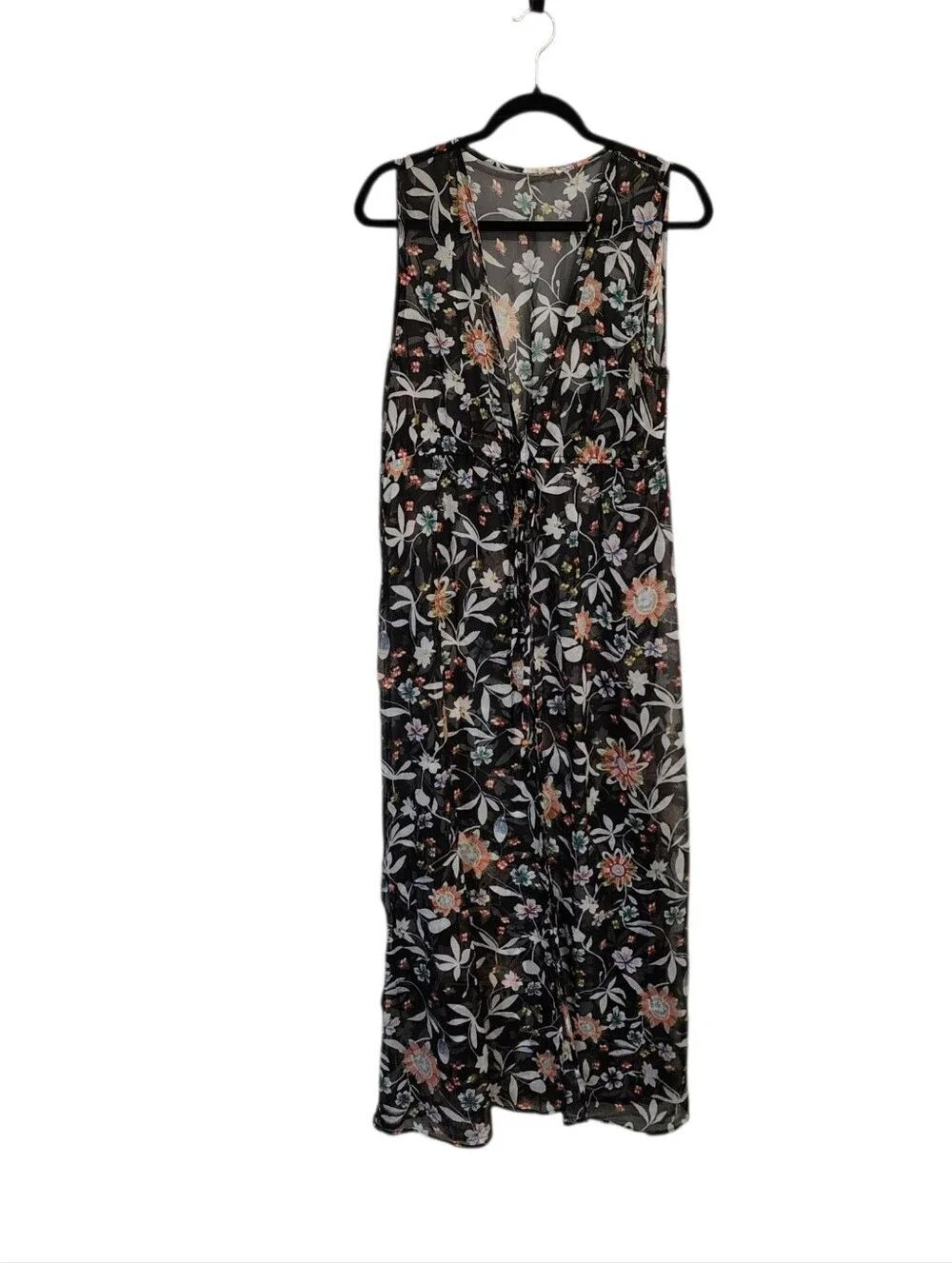 Easel Kimono Duster Swimcover L Black Sheer Floral Sleeveless Long Tie Front